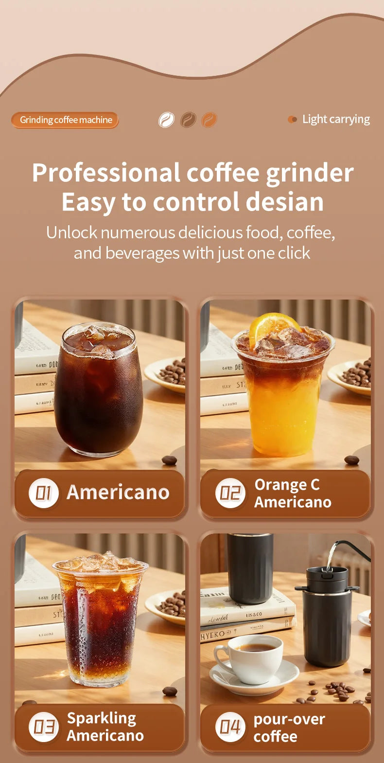 Portable black coffee grinder making pour-over, iced Americano, and citrus coffee drinks on a wooden table.