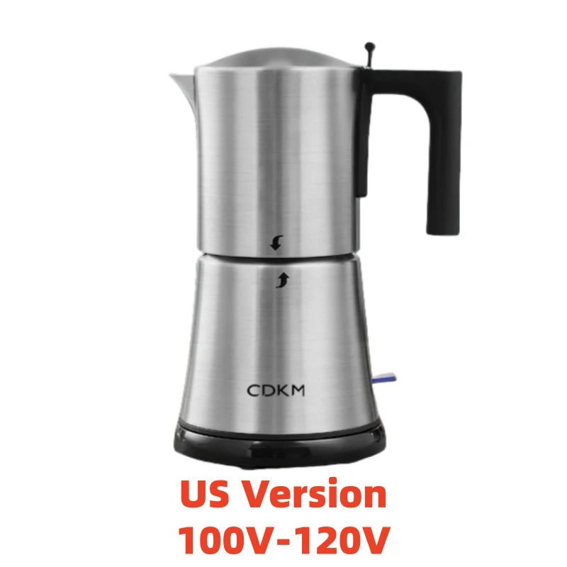CDKM stainless steel electric moka pot coffee maker with black handle, 120V US plug version.
