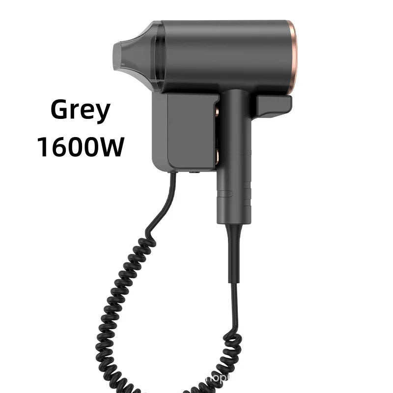 Grey 1600W wall-mounted hair dryer with nozzle, perfect for home and hotel bathrooms. Space-saving, high-wind design.