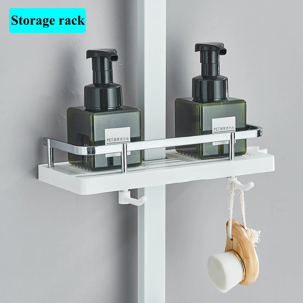 White Bathroom Shower Faucet Set Long Spout Rotation 3 Function Rainfall Headshower With Shelf Hot Cold Shower Mixer Tap System