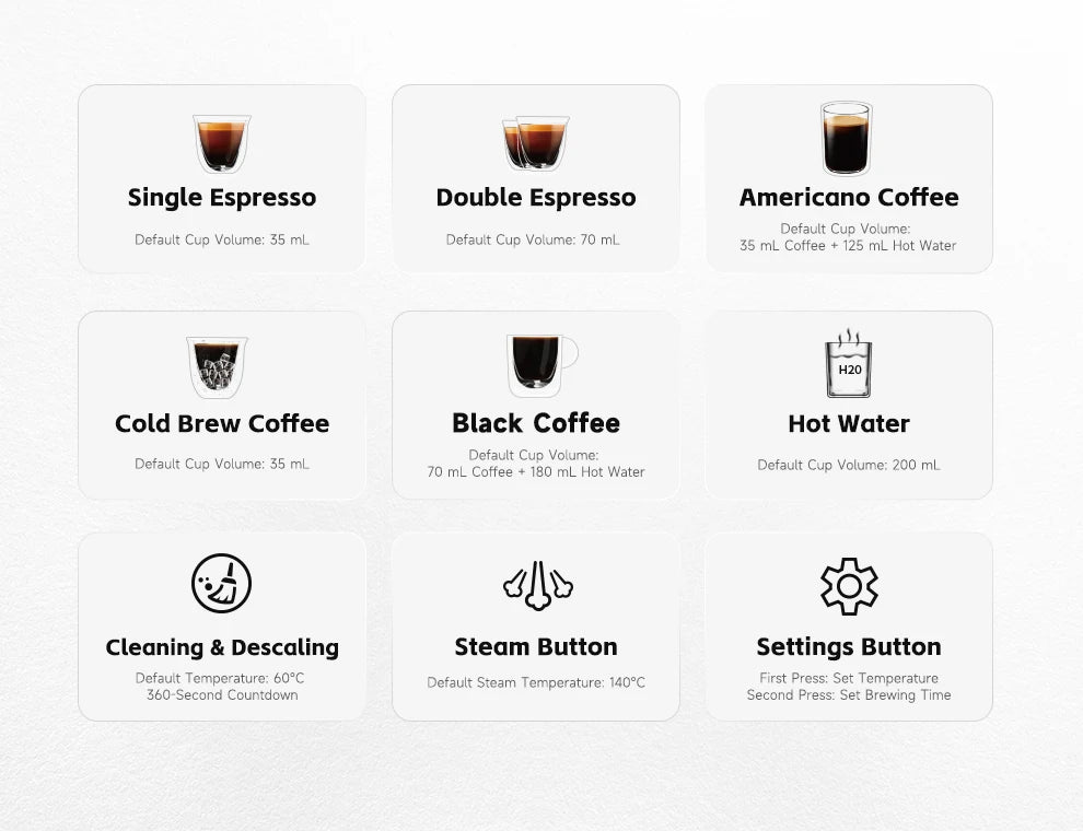 Espresso machine menu showing drink options, volume settings, and maintenance icons for brewing and descaling.