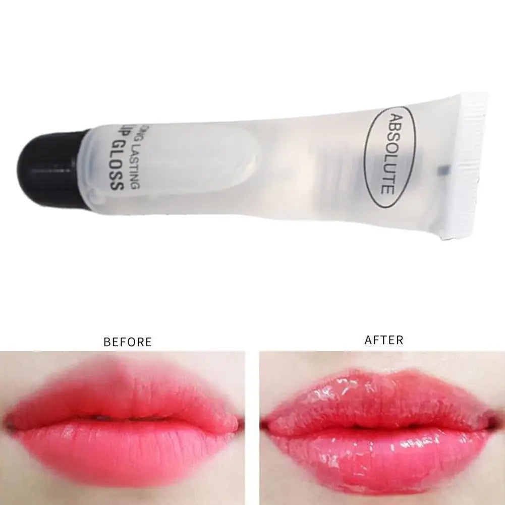 Absolute transparent lip gloss in a squeeze tube, providing a hydrating, smoothing, and plumping effect on the lips.