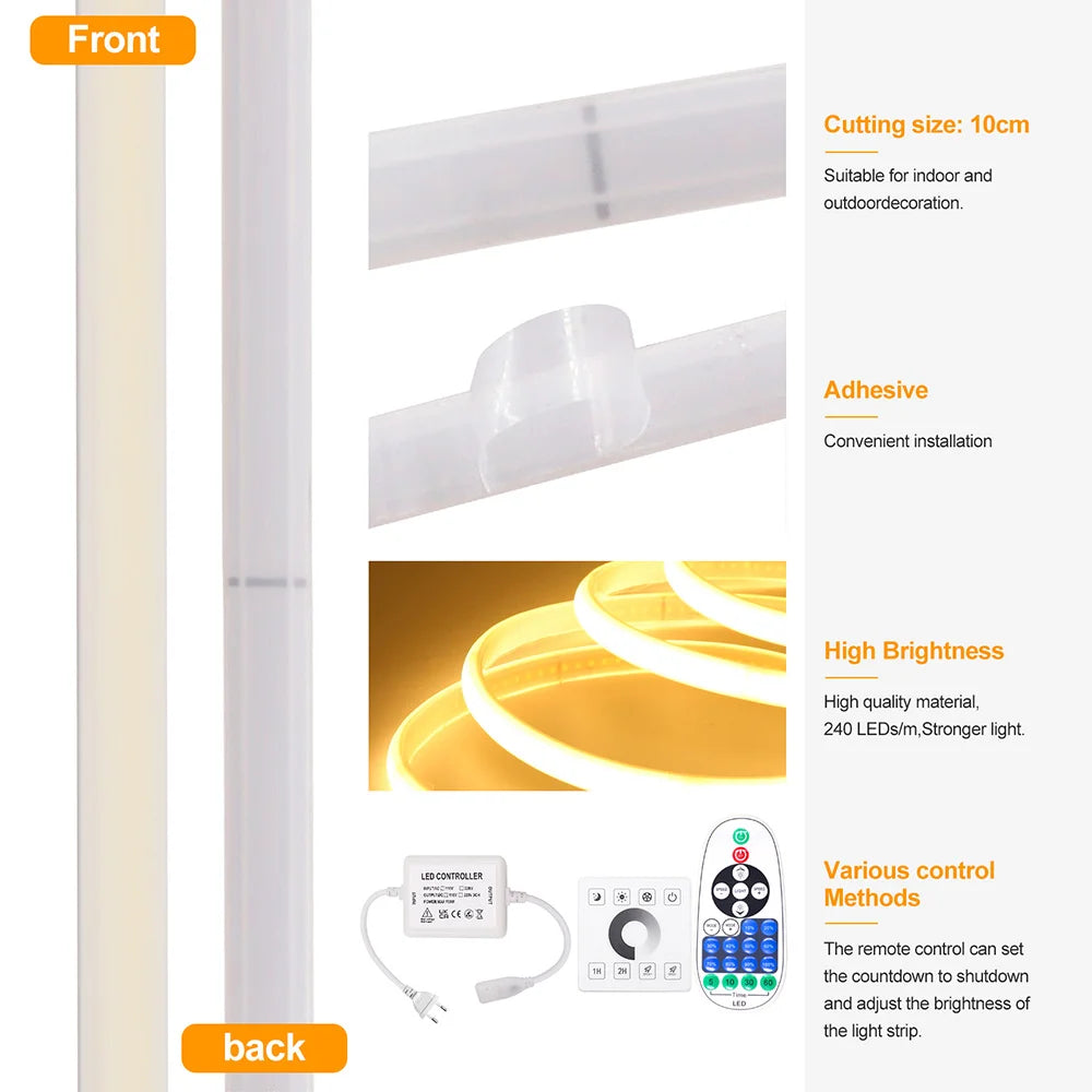 Wall Touch COB LED Neon Strip Light Wifi Bluetooth 23key Remote Control 220V Dimmer Power Kit 5m 10m 20m 40m 0.5m 240LED/m Flex