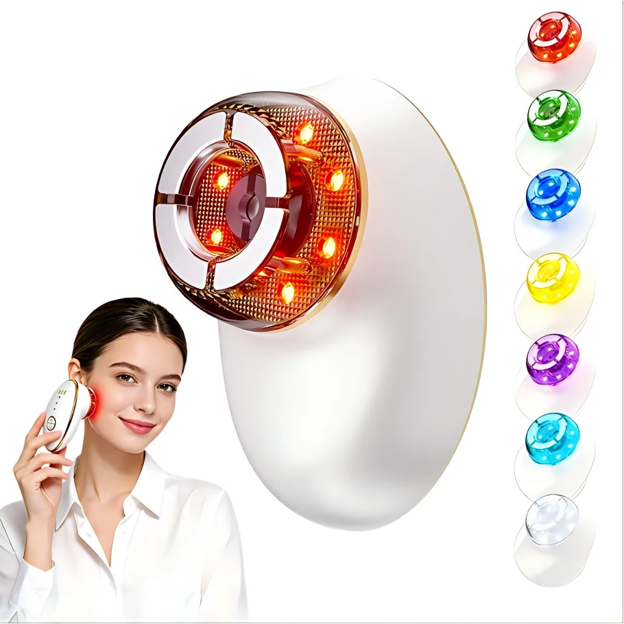 White, ergonomic 3-in-1 facial sculpting device with a circular head, showing multi-colored LED light settings.
