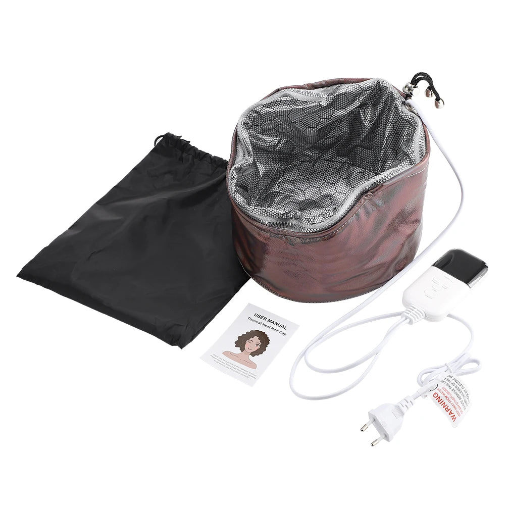 Brown PU leather electric hair steamer cap with silver interior lining, power cord, and storage bag for deep conditioning.