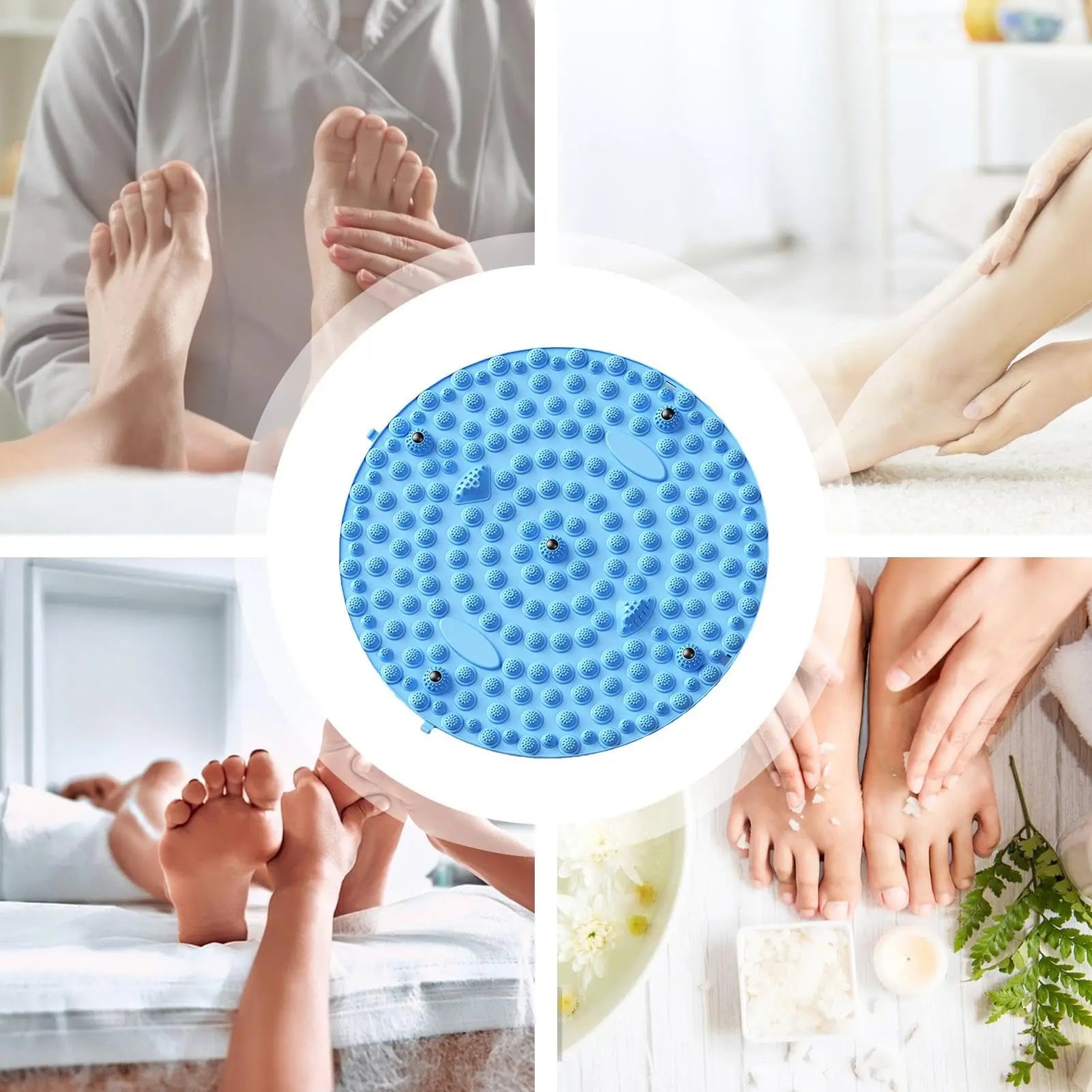 Blue circular foot massage pad with acupressure nodes for reflexology, wellness, and yoga foot training.