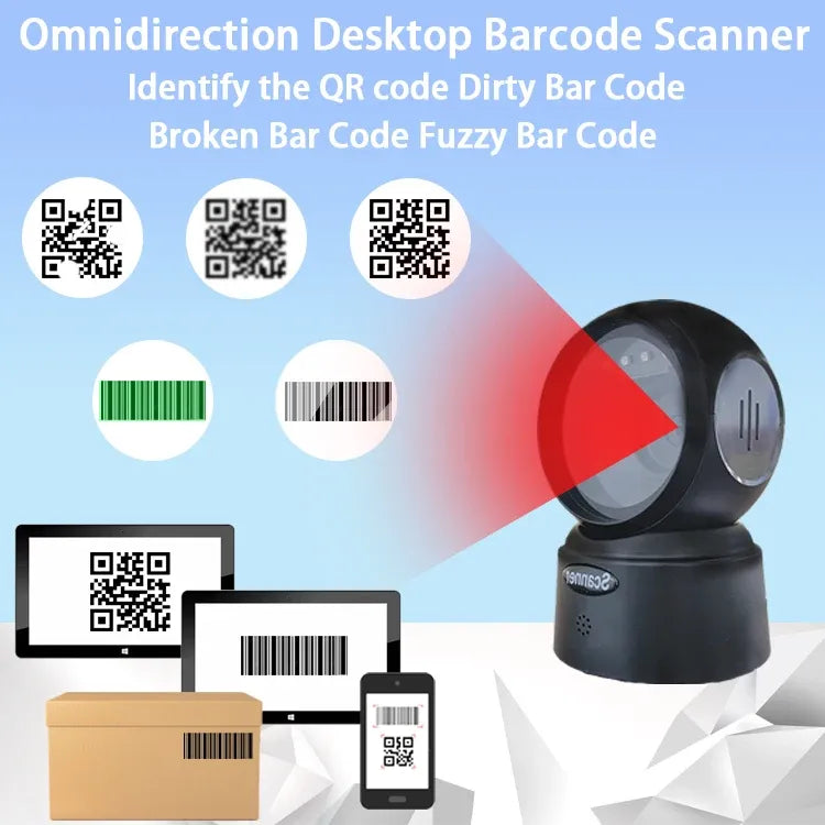 Black desktop barcode scanner with scan beam over barcodes and QR codes icons