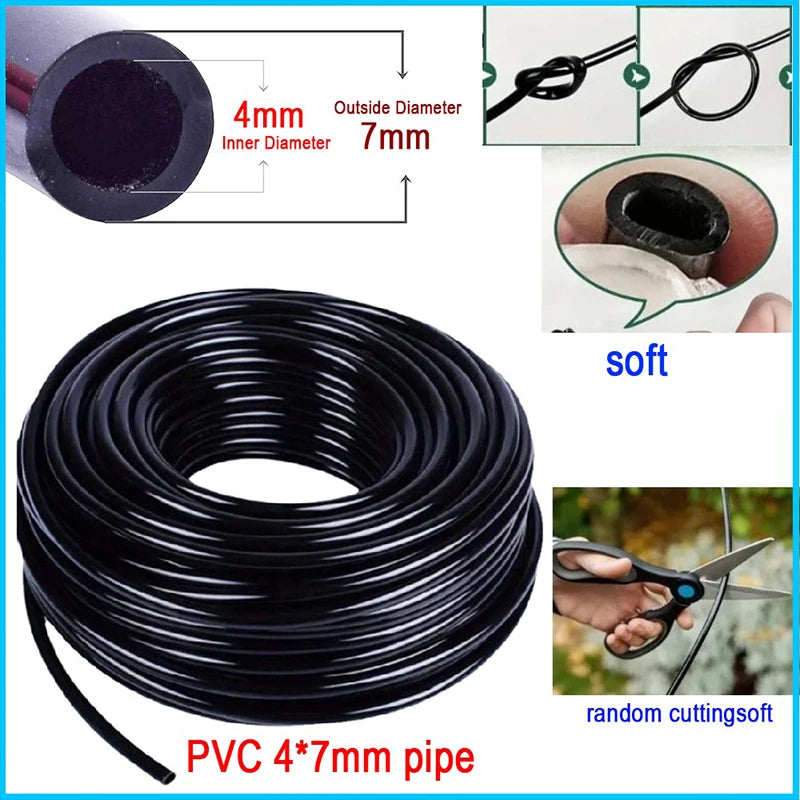 Coiled black 4/7 mm drip irrigation tubing, flexible PVC hose