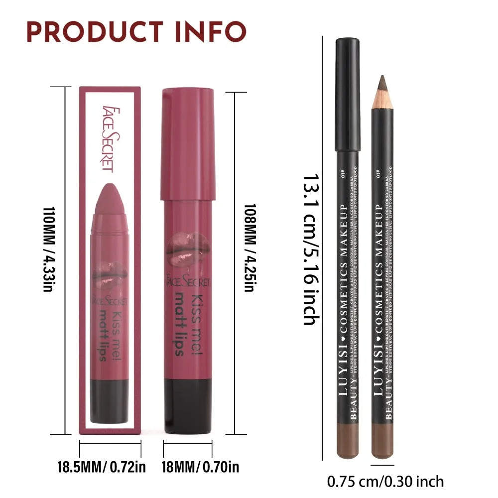 Professional 2-piece lip makeup kit with matte berry lipstick and long-wear brown lip liner pencil.