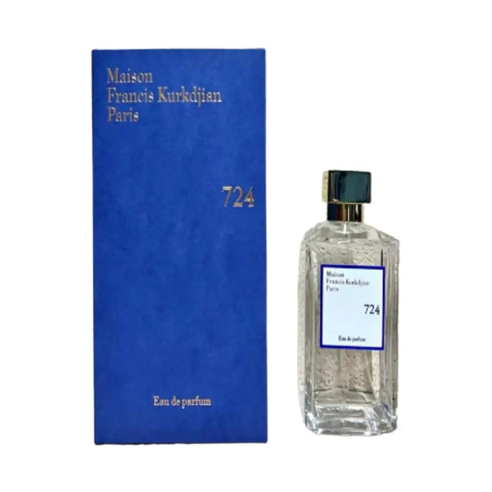 Maison Francis Kurkdjian 724 unisex Eau de Parfum, clear glass rectangular bottle with blue box, luxury floral scent.