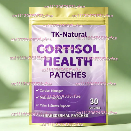 TK-Natural 30-count stress relief adaptogen patch in yellow and purple packaging for cortisol and calm support.