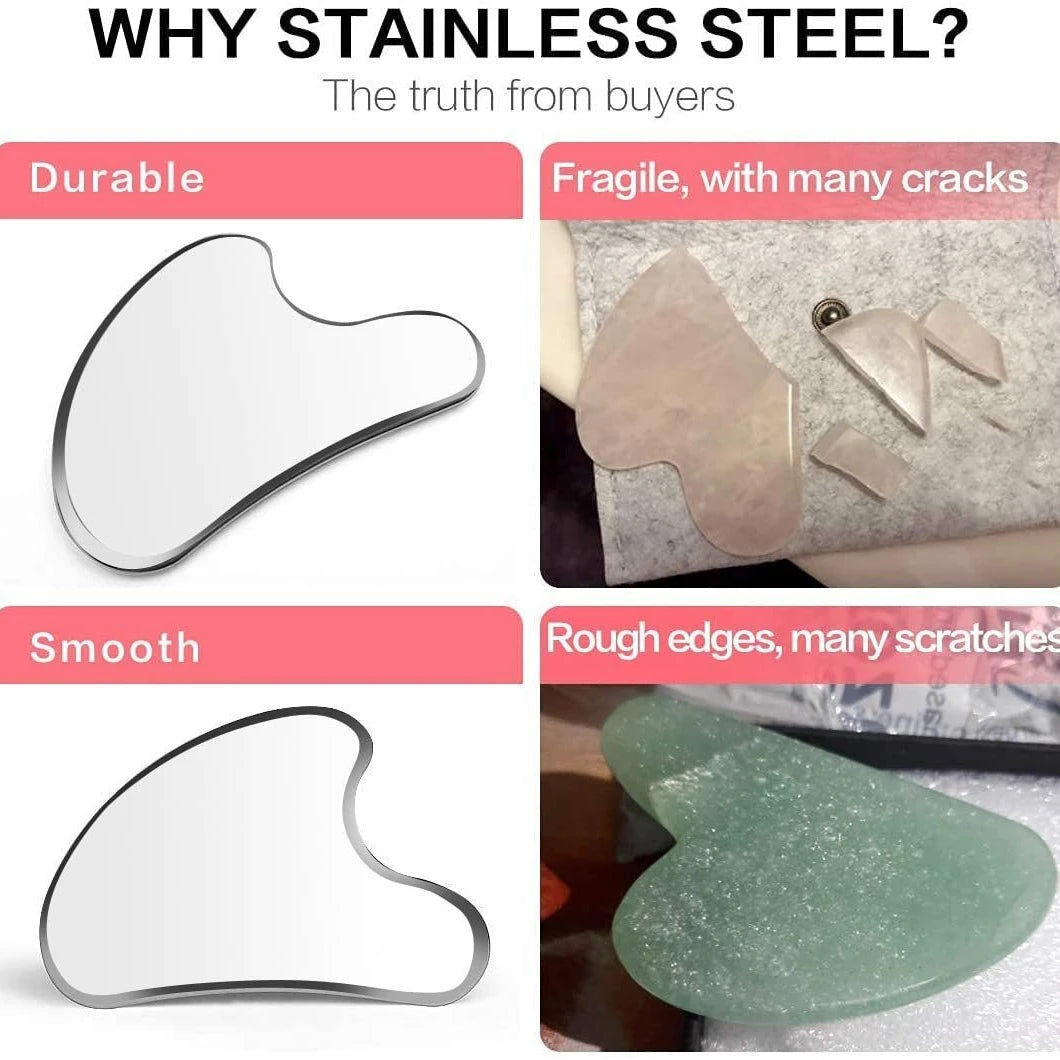 Comparison chart showing a smooth, durable stainless steel gua sha tool versus cracked and scratched stone versions.