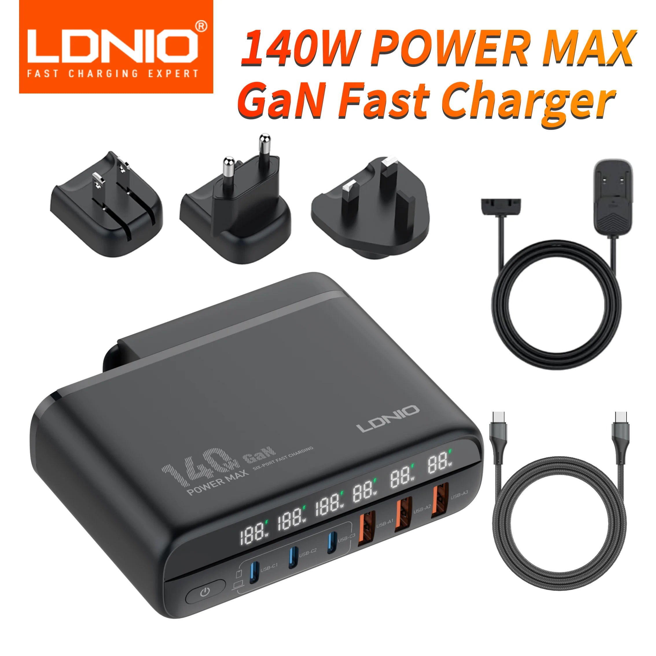 140W GaN USB C Charger Block 6 Port LDNIO LED Display AU US UK EU Travel Charger USB C Charging Station Hub Block Wall Charger