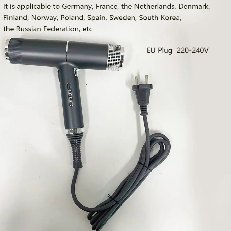 Grey leafless negative ion hair dryer with EU plug, featuring intelligent temperature control and quick-dry technology.