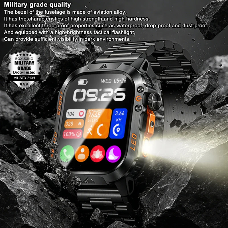 New 1200 mAh Battery Rugged Military Smartwatch Men 5ATM Waterproof Fitness Tracker Health Monitor 100+Sports Call Smart Watches