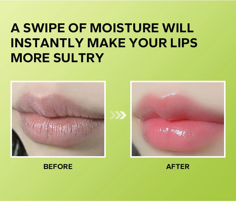 Before and after comparison of moisturizing candy lip gloss for a lustrous, mirror-like, pink pearlescent lip stain.