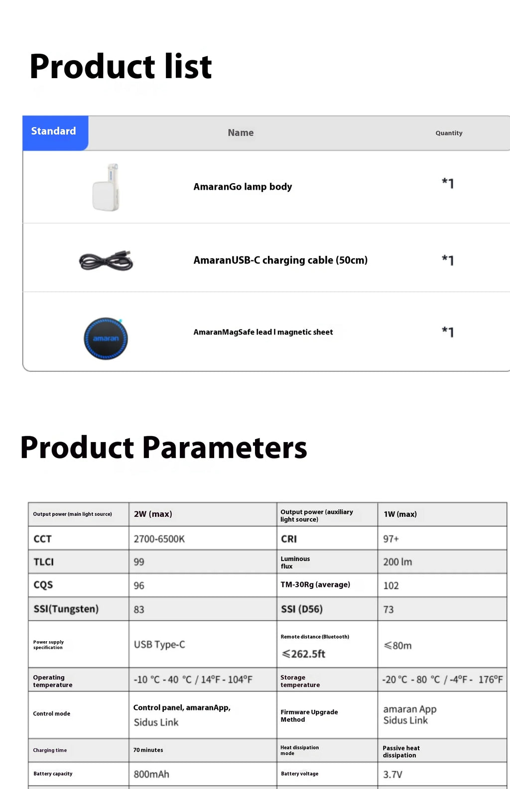 Product list and technical parameters for a portable lamp, USB-C cable, and magnetic mounting disc.