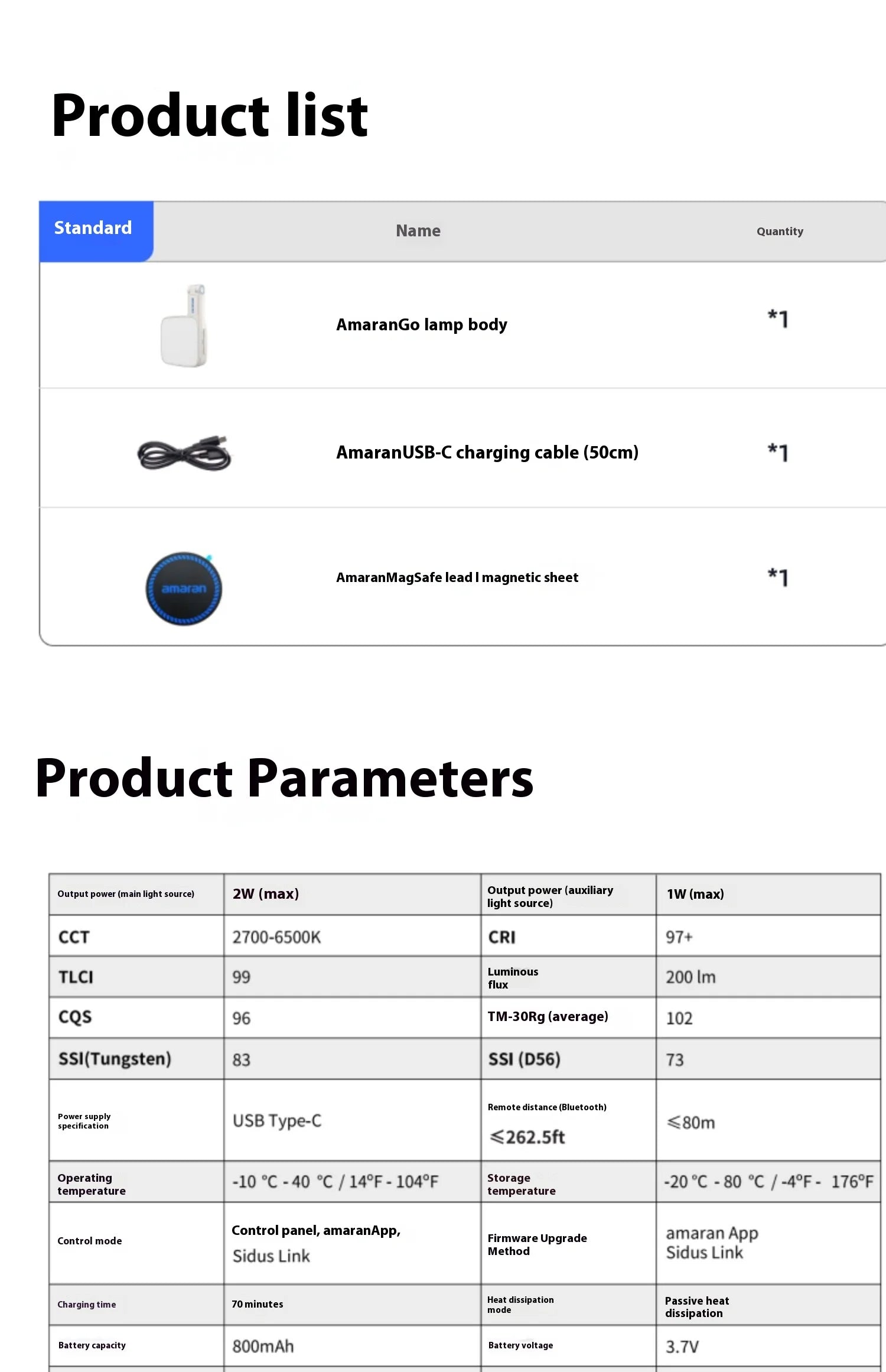 Product list and technical parameters for a portable lamp, USB-C cable, and magnetic mounting disc.