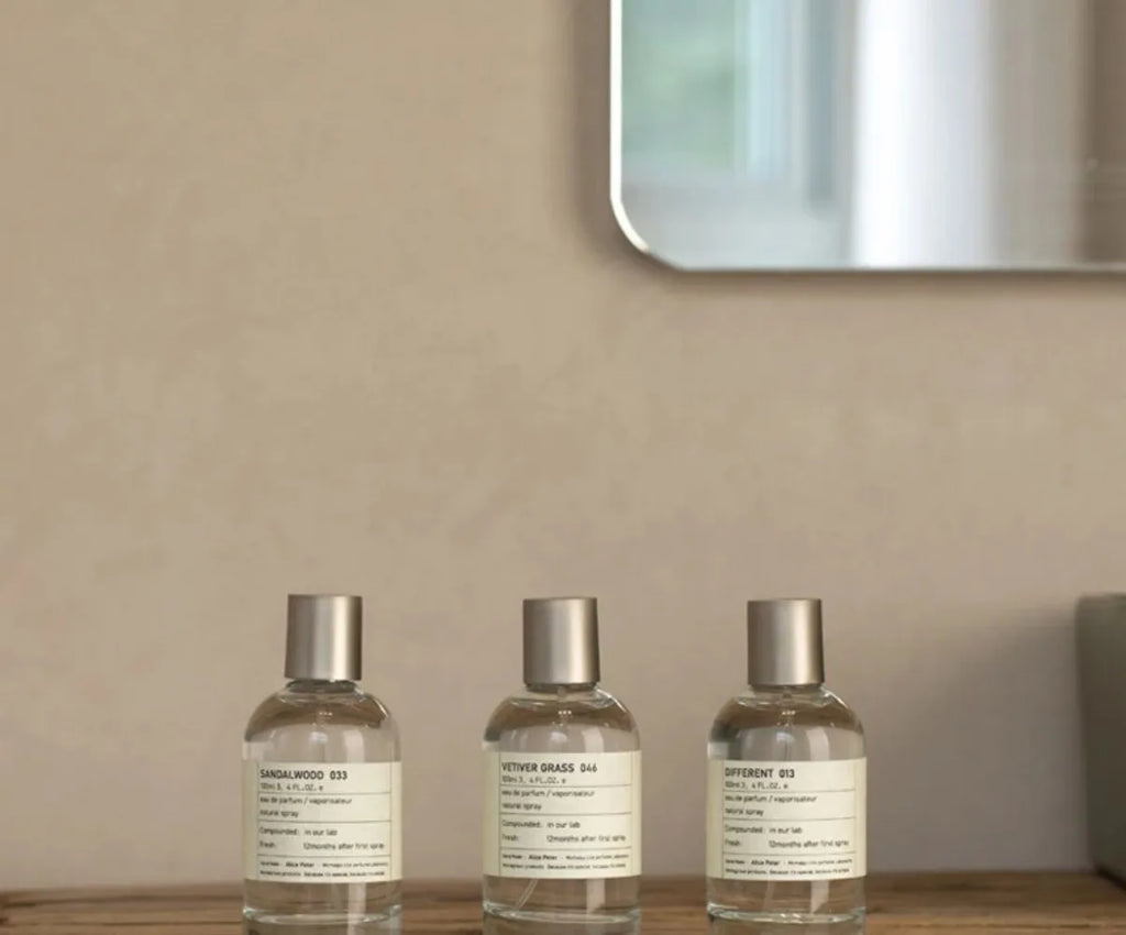 Alice Peter 100ml unisex perfume set: Sandalwood and Vetiver scents in minimalist round glass bottles, eau de parfum.