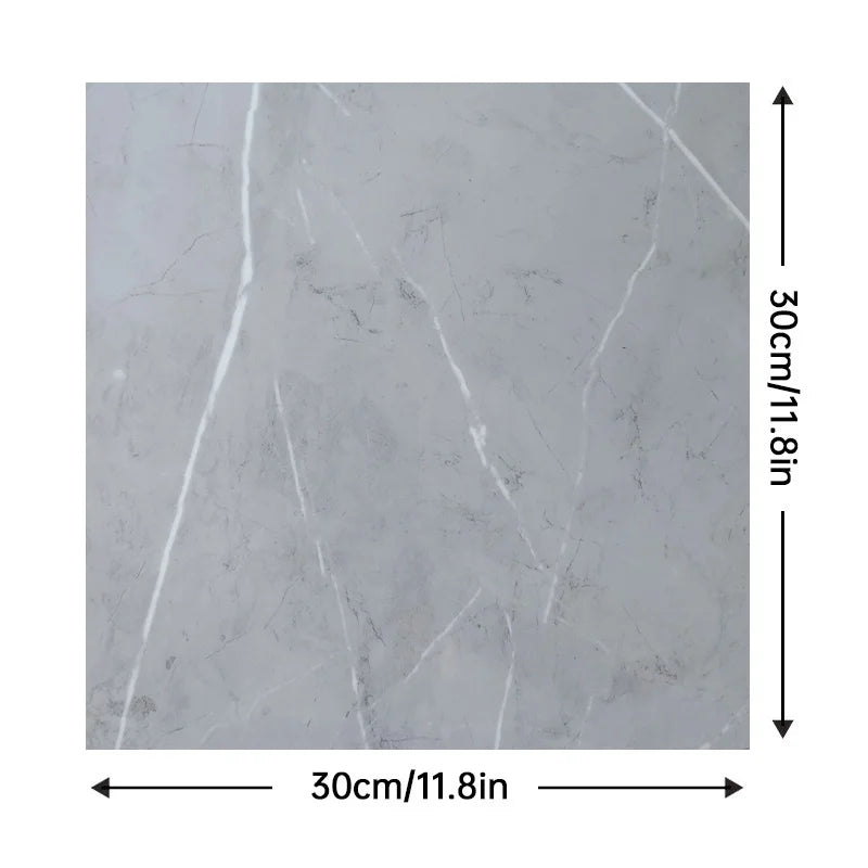 Peel-and-stick marble tile, cool light gray with thin white vein lines, square 30cm x 30cm