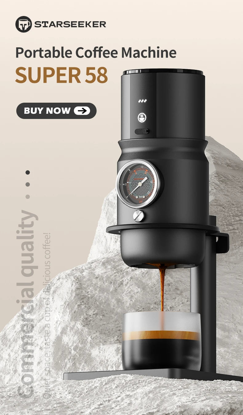 Starseeker Super 58 matte black portable coffee machine with pressure gauge, brewing espresso into a glass cup.