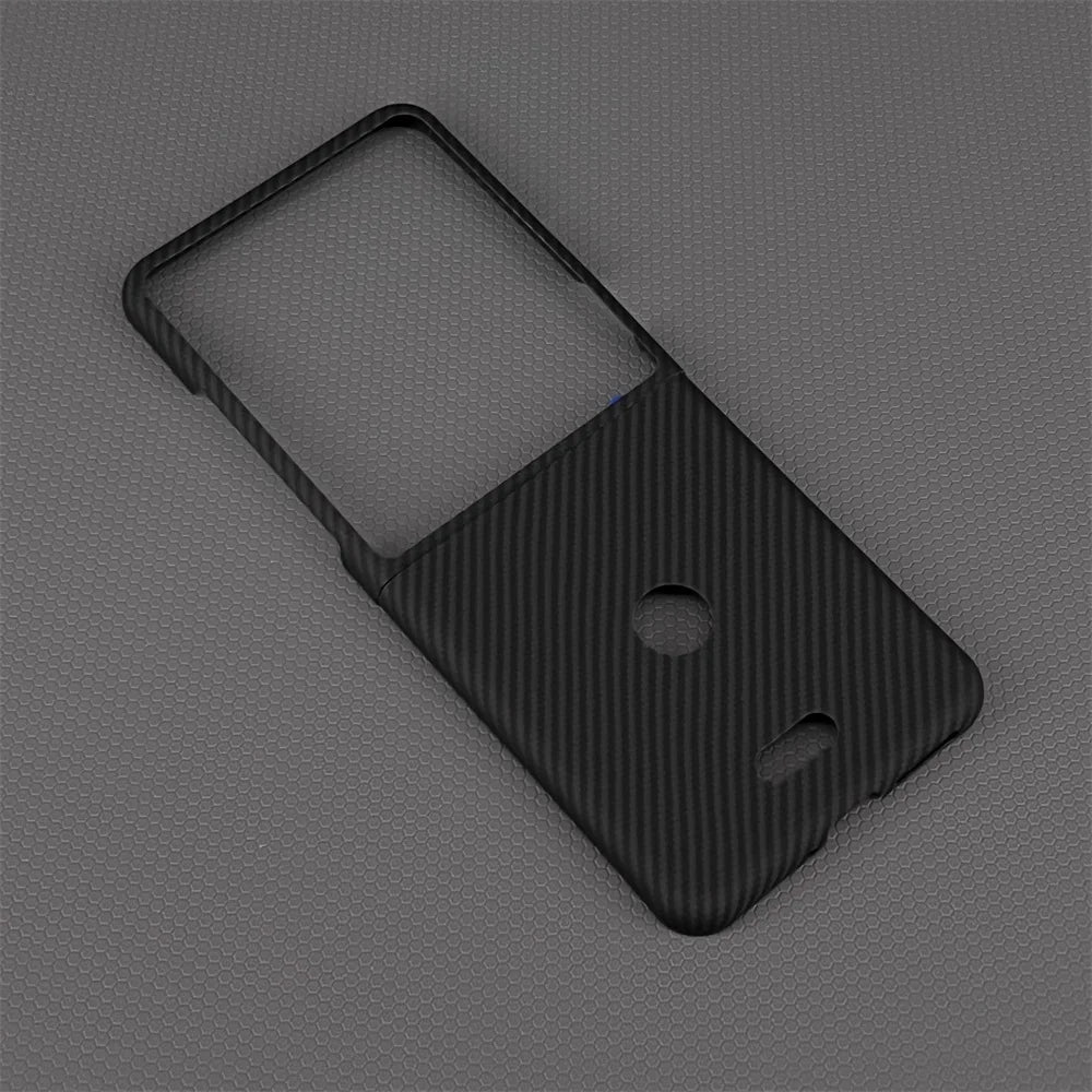 Black carbon fiber pattern phone case for a flip phone, featuring precise camera and sensor cutouts.