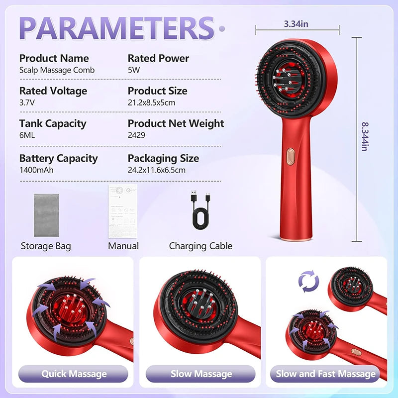 Electric Scalp Massager Comb for Hair Growth - Portable Red or Gray Device Relaxation Treatment Tidesmit