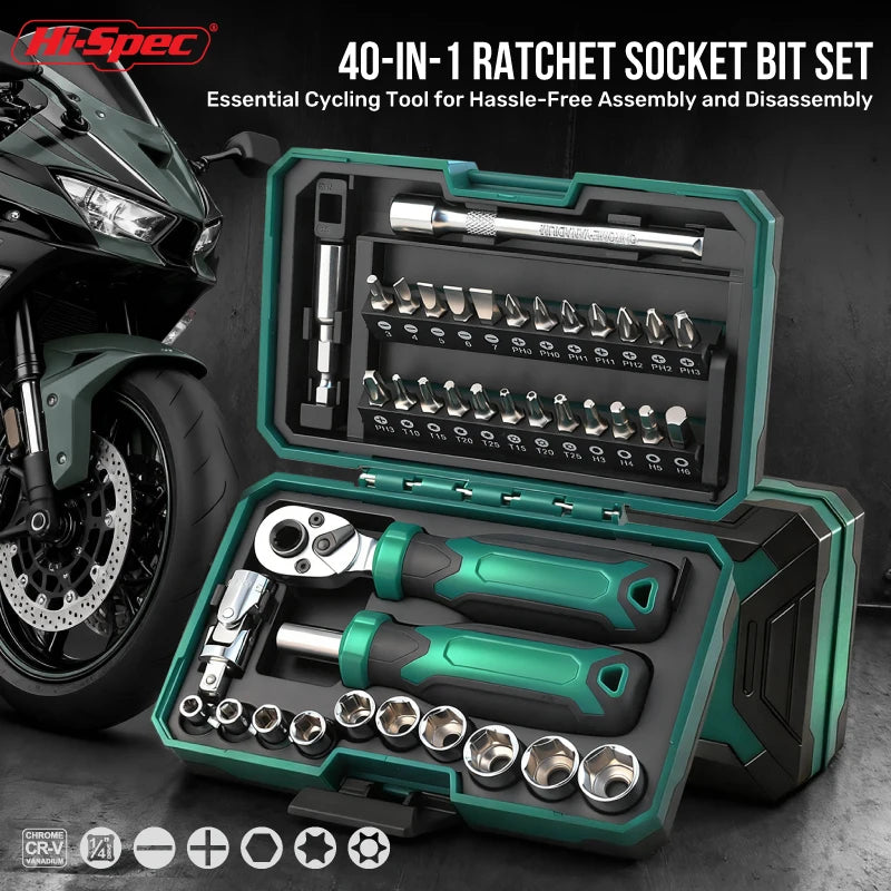 Hi-Spec 1/4" Drive Quick-Release 40 in 1 Ratchet Socket Bit Set Cr-V Steel Phillips/Slotted Screwdrivers for Repair & Hand Tools