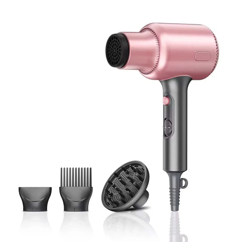 Professional 1875W rose gold hair dryer with DC motor, 3 attachments, and quick-drying technology for salon styling.