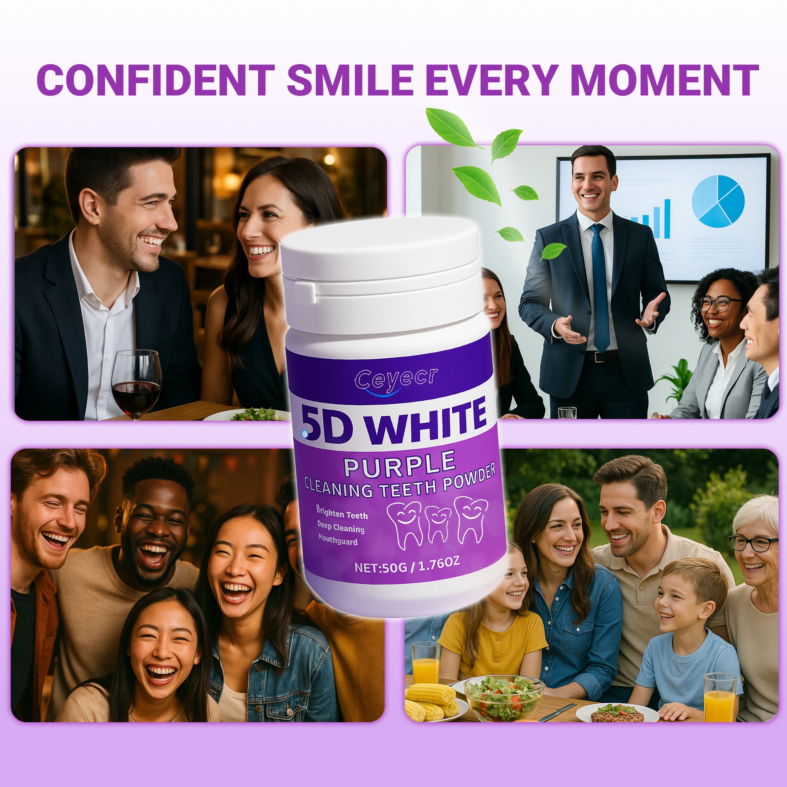 Tidesmit 50g purple teeth whitening powder with natural ice mint formula for sensitive teeth and gum care
