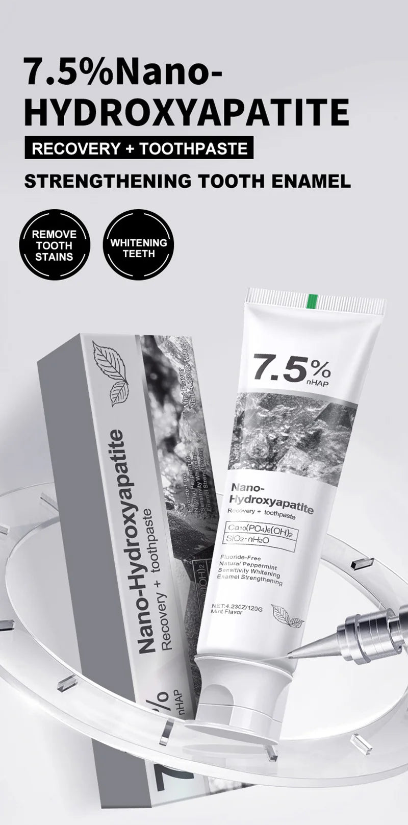 Tidesmit 7.5% Hydroxyapatite Probiotic Whitening Toothpaste for enamel repair and breath freshening.