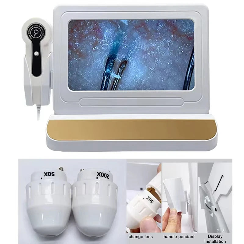 Digital skin and hair analyzer with a white monitor, handheld probe, and interchangeable 50x and 200x lenses.