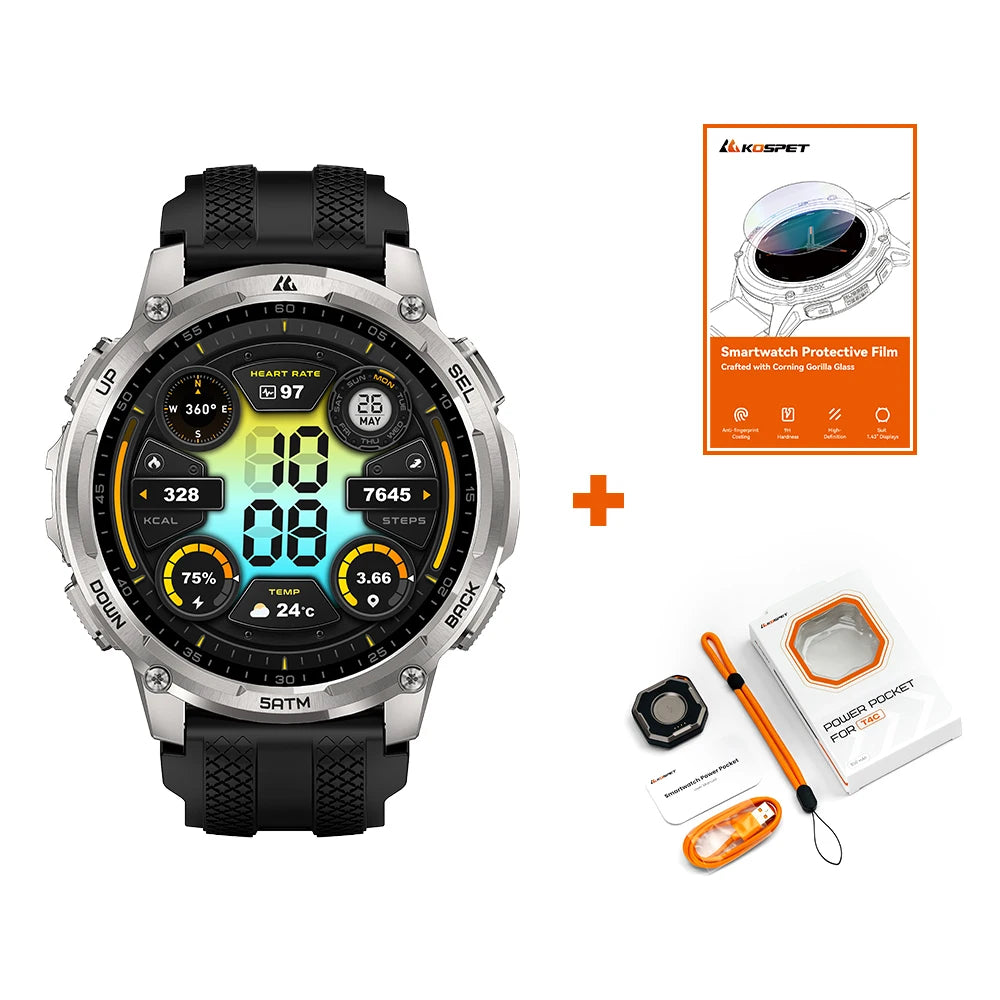 KOSPET TANK T4C Men's Military Smartwatch Rugged GPS Watch with Flashlight 5ATM Waterproof & All-Day Health Tracking