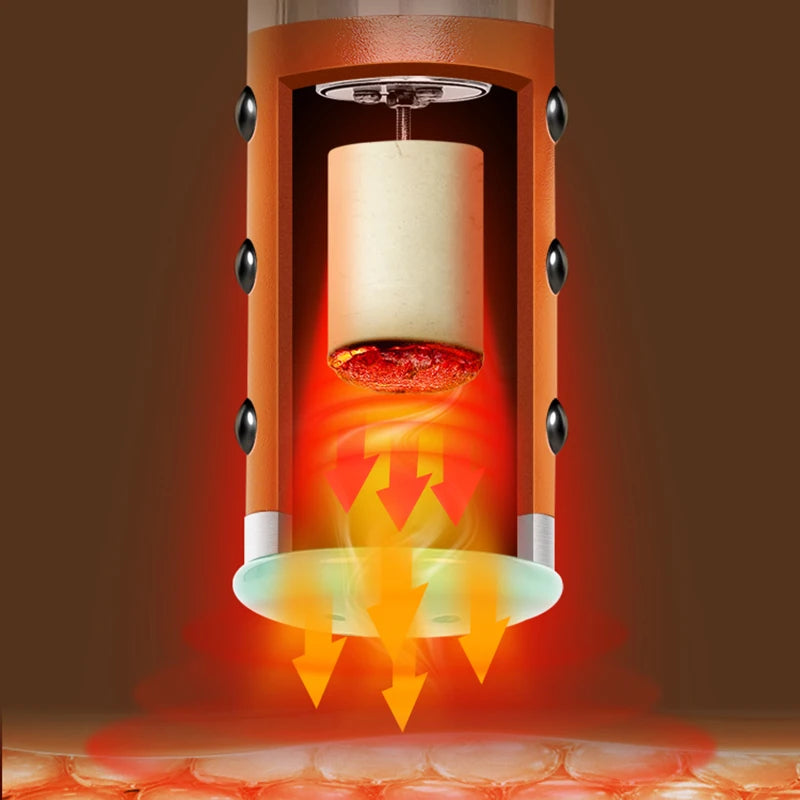 Moxibustion device with orange frame, glowing moxa stick, and jade roller head emitting heat onto skin.