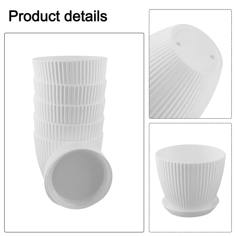 5 Pcs Modern Resin Planters 6 Inch Drainage Hole Flower Pots With Saucers Vertical Stripe Design For Houseplant Garden