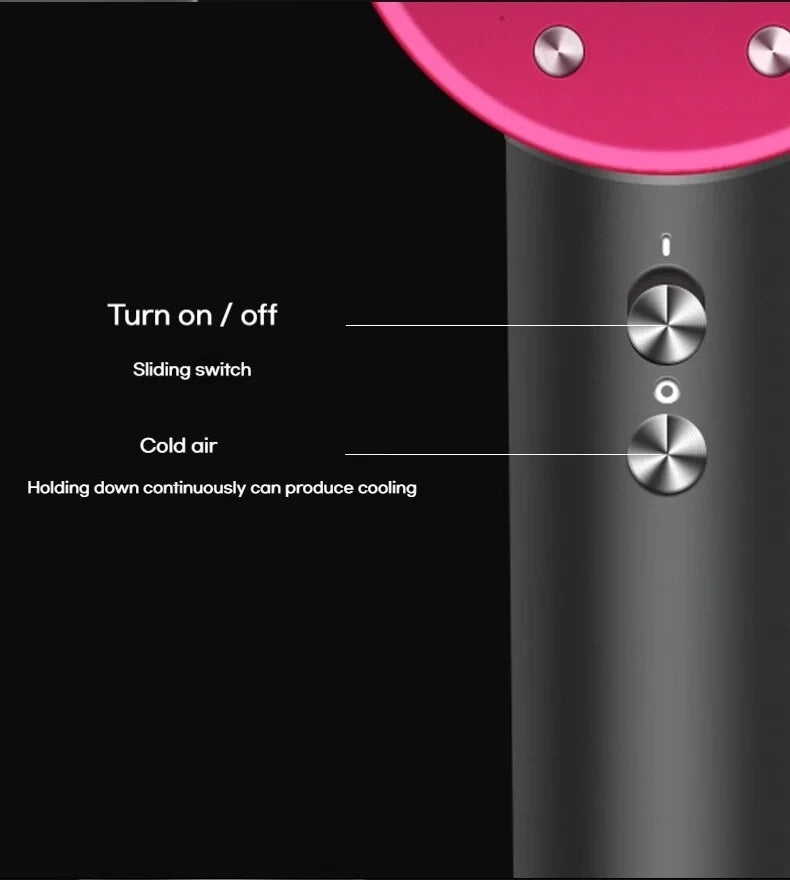 Pink and black high-speed ionic hair dryer showing close-up of metallic power and cold air control buttons.