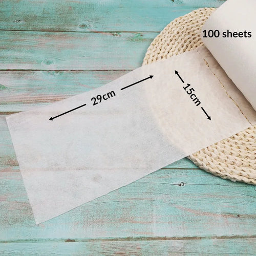 Disposable bamboo baby diaper liner roll, 100 sheets, 29cm x 15cm, soft eco-friendly baby care hygiene essential.