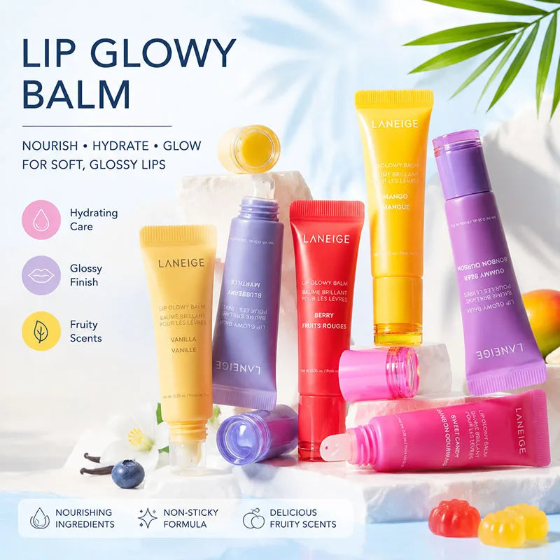 Laneige Lip Glowy Balm set: colorful tubes of hydrating, smoothing, and glossy lip moisturizer in various fruity scents.