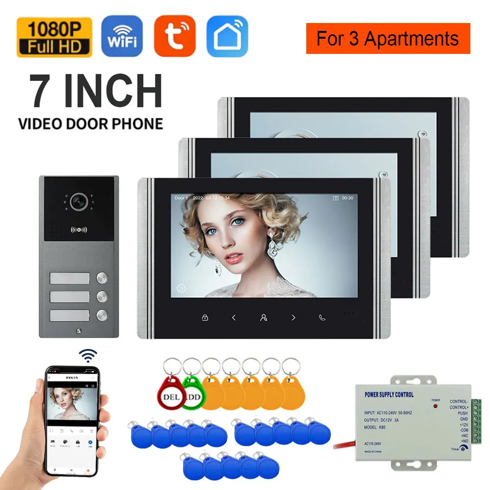 7-inch video door phone intercom system with indoor screens, door unit, and app control