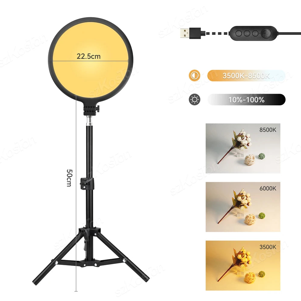 22.5cm round LED ring light on a 50cm tripod stand with USB controller for adjustable color temperature and brightness.