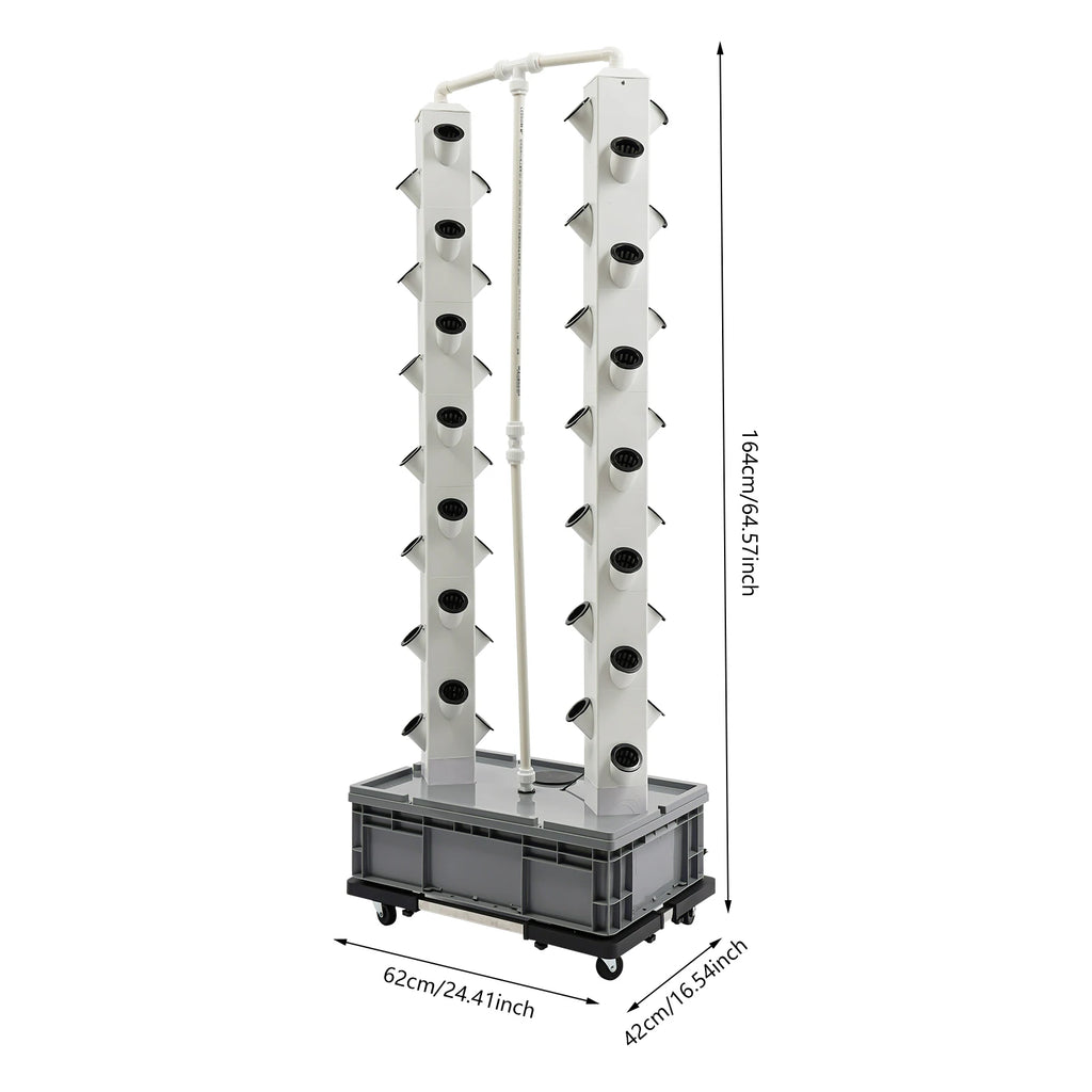 Hydroponic growing tower, white vertical columns with planting holes and black base tank