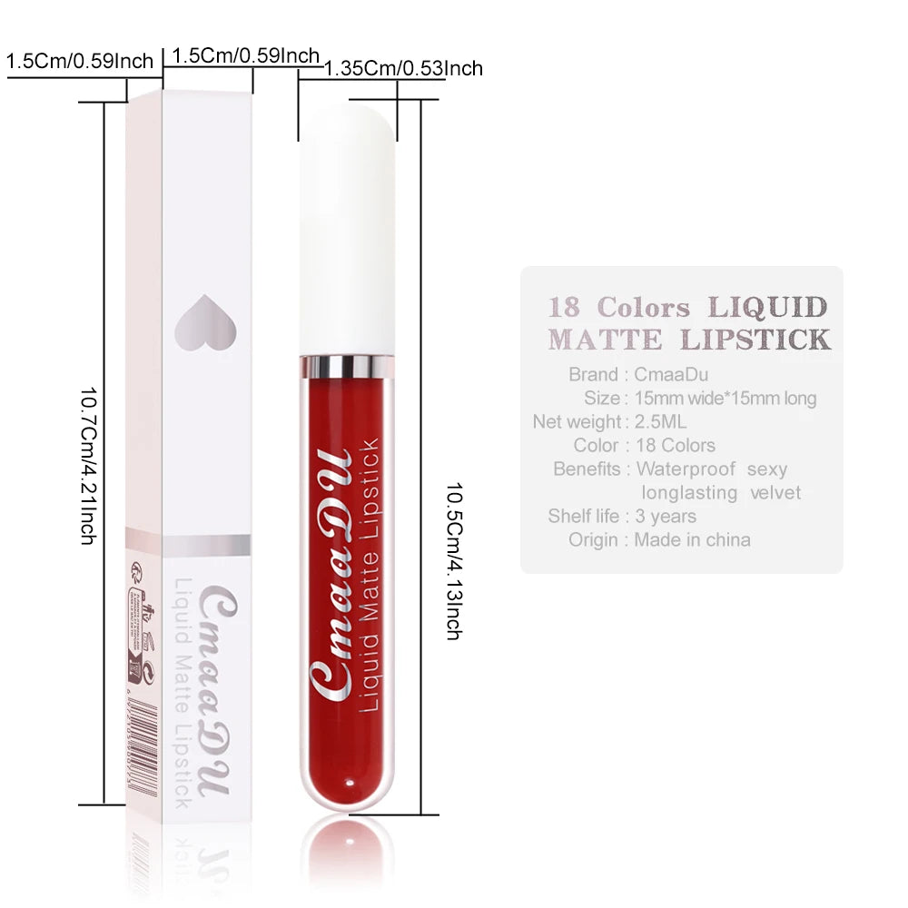 CmaaDu long-lasting velvet matte liquid lipstick in red with white tube and matching packaging box.