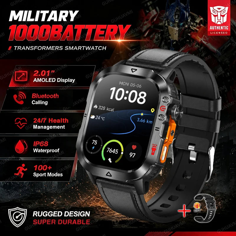 Rugged black smartwatch with round display and black link band