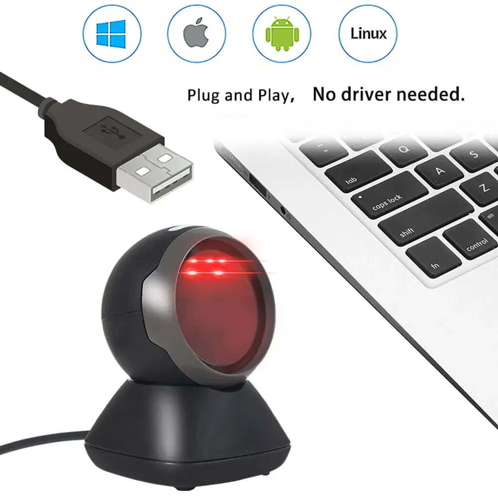 Black desktop barcode scanner connected to a USB cable