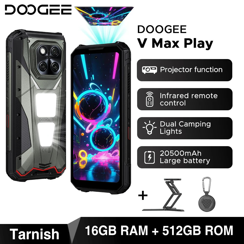 DOOGEE V Max Play 5G Projector Rugged Phone 6.78" 120Hz 20500mAh Dual Camping Lights16GB+512GB 200MP Main Camera NFC Smartphone