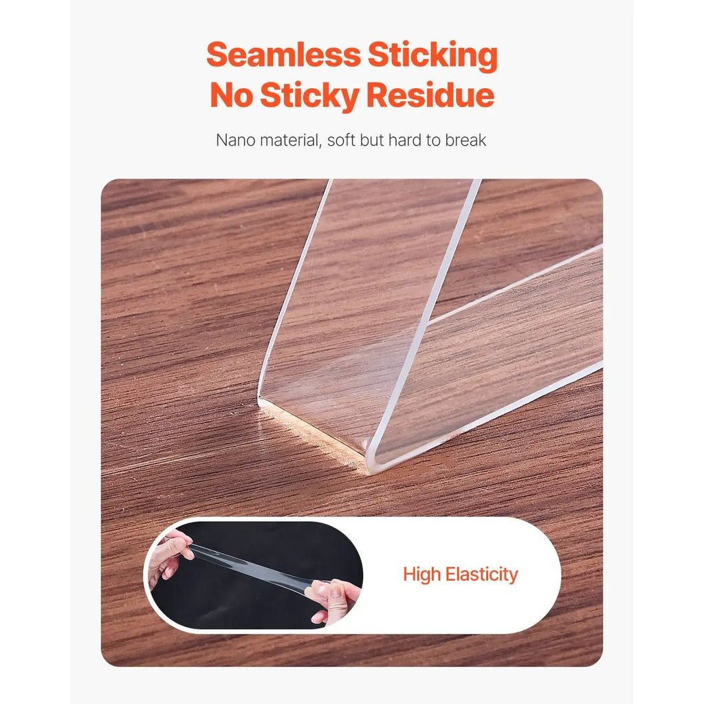 Clear double-sided tape strip bonded along a wood corner for a clean join