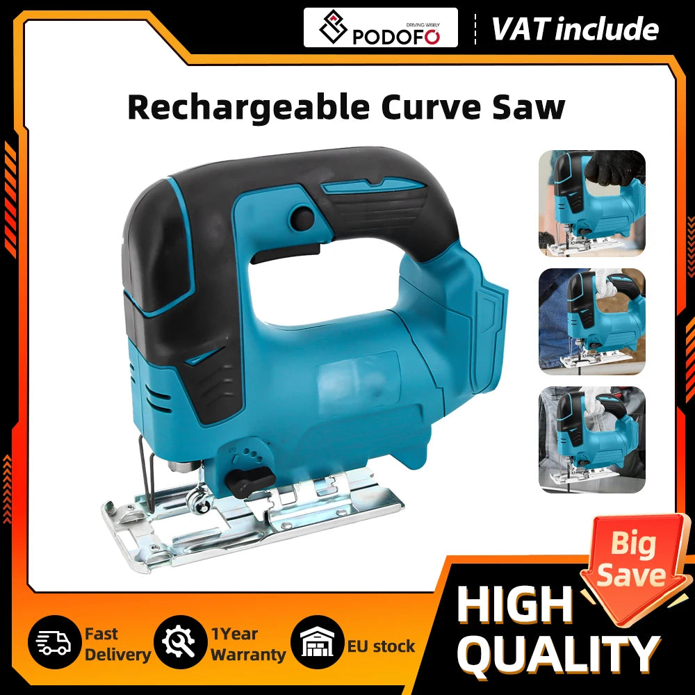 Podofo 2600RPM Electric Cordless Curved Saw Jig Saw Woodworking Cutting Machine for Makita 18V Battery