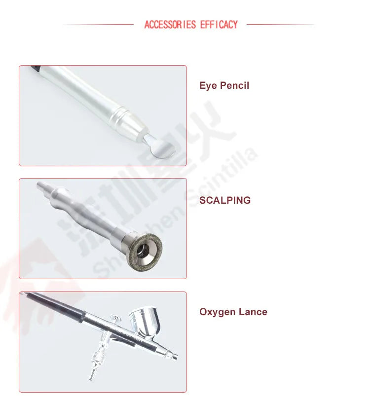 7-in-1 facial machine accessories: eye pencil, diamond dermabrasion wand, and oxygen lance for professional skincare.