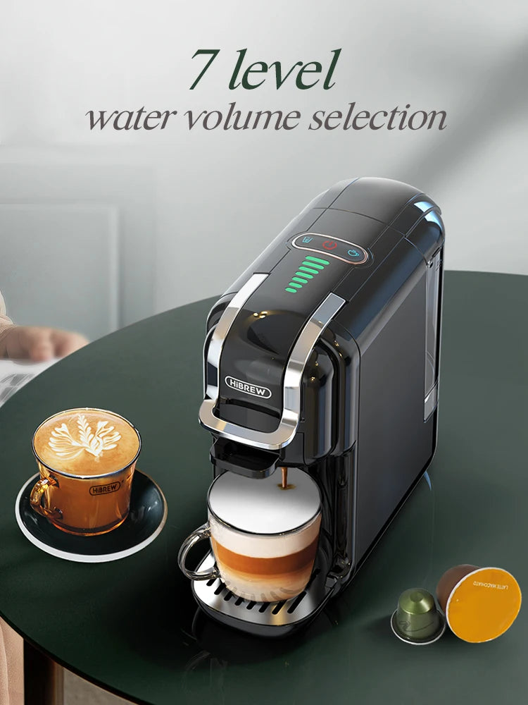 HiBREW black capsule coffee machine with 7-level water volume control and modern slim design on a table.