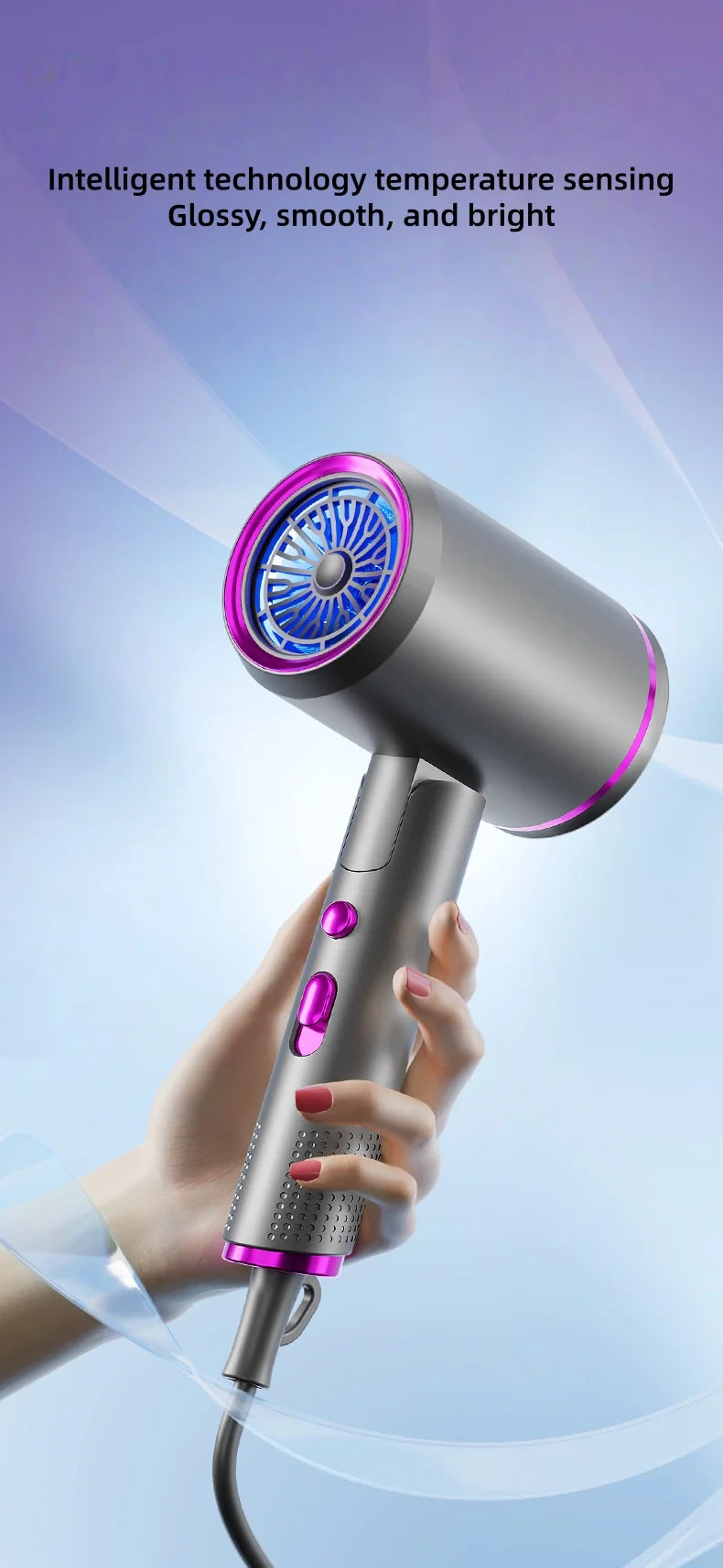 Foldable grey hair dryer with negative ion technology, purple accents, and high-speed motor for salon-quality drying.